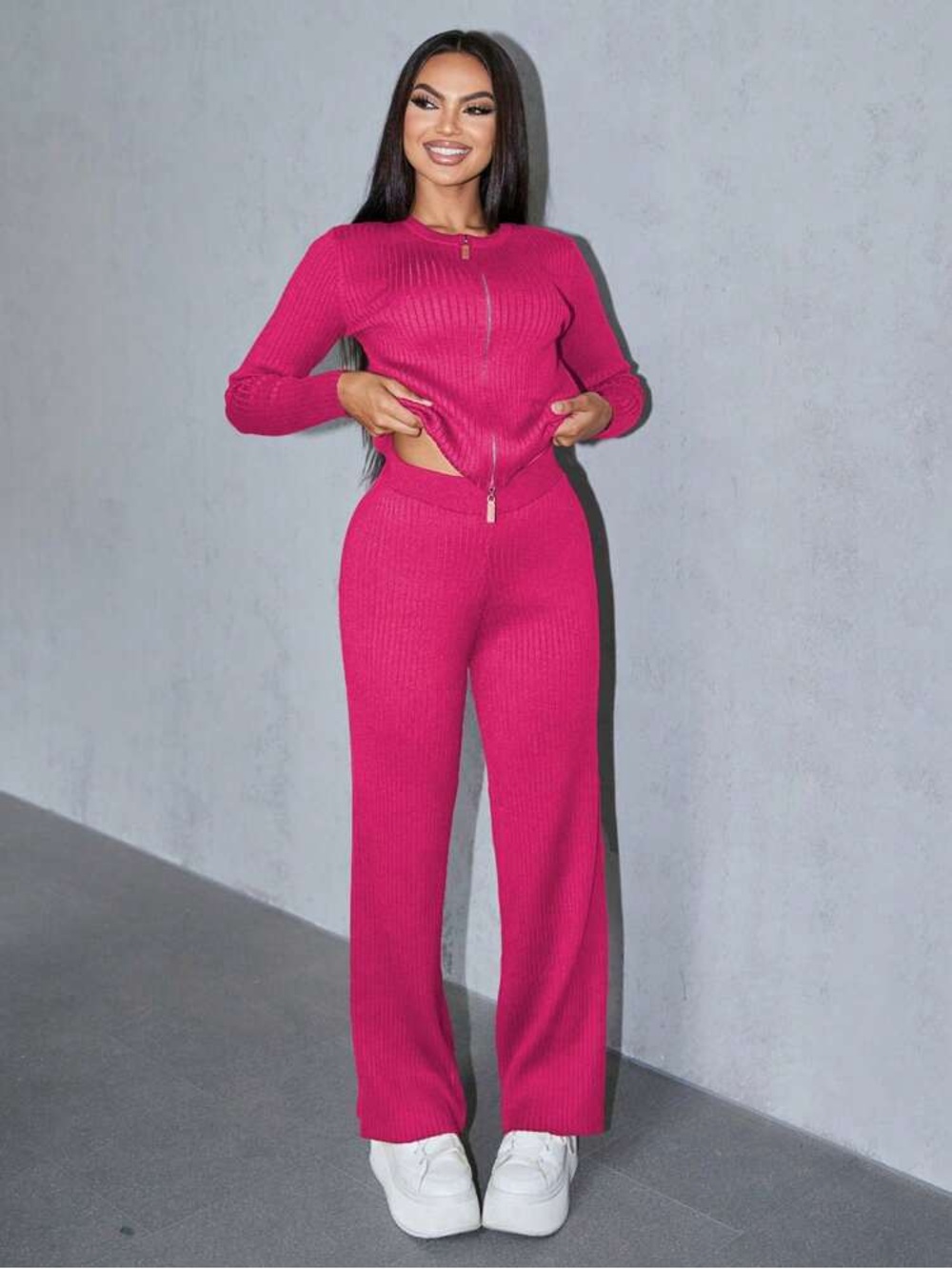 Women’s Pink Wide-Leg Ribbed Knit Pants + Sweater Lounging Set New Size L - Picture 3 of 5